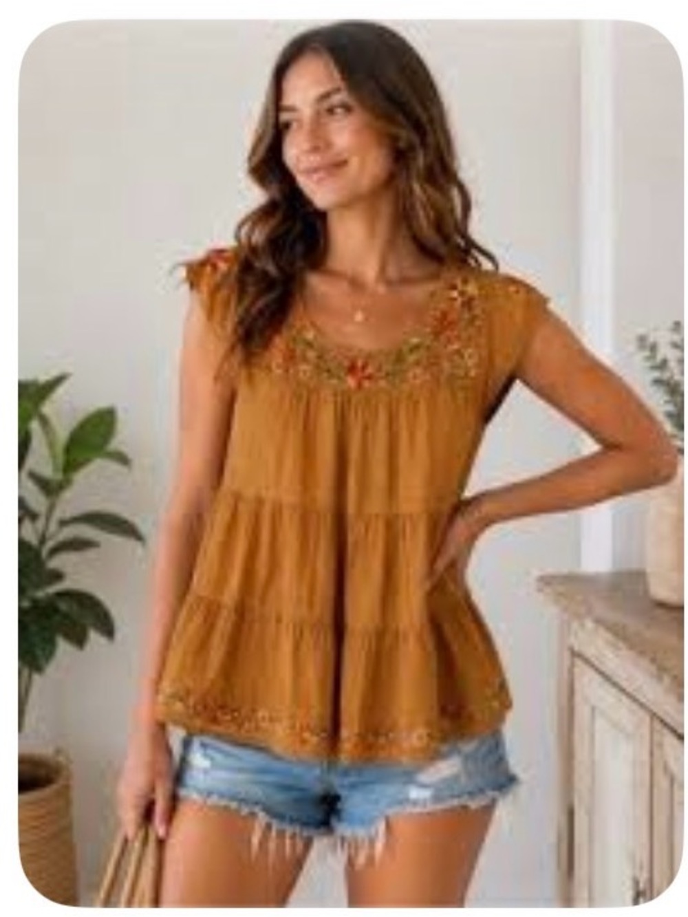 Savanna Jane Mustard Embroidered Tiered Peasant Tunic ptp 21 length 25